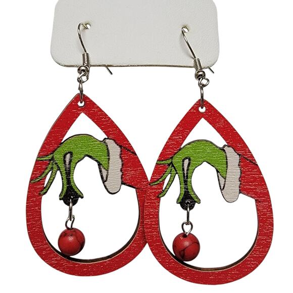 Grinch Earrings Christmas Wooden Teardrop Bead Dangle Pierced Hook Holiday Gift‎ - Picture 1 of 4